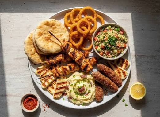 Mixed grill platter with rice and chips